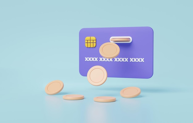 Creditcard of betaalkaart concept online betalingen wisselen geld overmaken Financiële ATM-transacties munten drijvend op hemelsblauwe achtergrond cartoon minimalistische stijl 3d render illustratie
