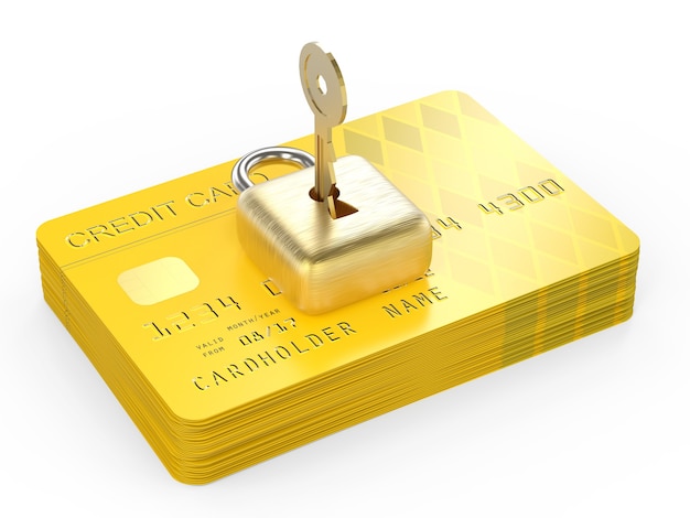 Creditcardgegevenscoderingsconcept met 3D-rendering creditcards met hangslot en sleutel