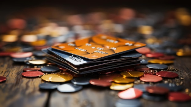 Creditcards en munten op houten tafel Generatieve AI