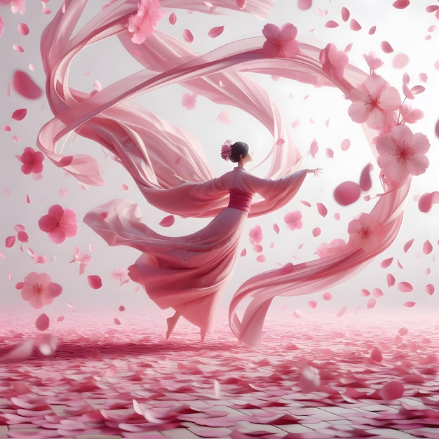 Creëer afbeeldingen van dans van zwevende roze bloemblaadjes in de lucht gesneden door AI gegenereerd