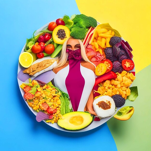 Creëer een beeld van een persoon die geniet van een evenwichtige maaltijd met een bord vol kleurrijke gezonde voedingsmiddelen