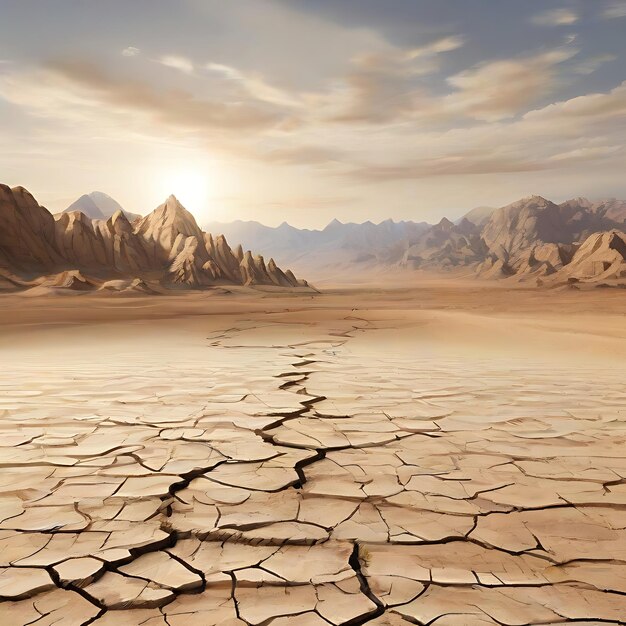 Creëer een beeld van een woestijn die erg droog is met scheuren in de grond.