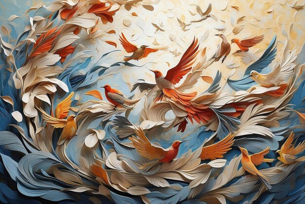 Creëer een beeld van vogels die zweven te midden van wervelende winden hun veren geruisd door de briesjes1