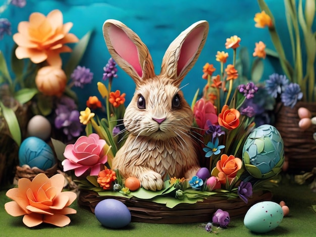 Creëer een betoverende 3D paas scène een heerlijke konijn spelen in weelderig gras en levendige bloemen