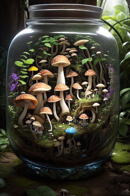 Creëer een betoverende en zeer gedetailleerde afbeelding van een majestueuze paddenstoel jungle in een pot