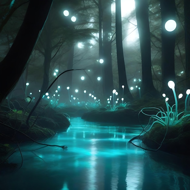 Creëer een buitenaards bos met bioluminescerende planten en surrealistische drijvende lichtbollen.