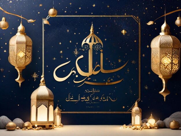 Creëer een elegante Eid al-Fitr poster met traditioneel Arabisch schrift omringd door glinsterende la