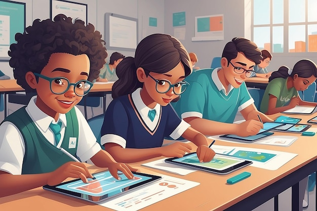 Creëer een flatstyle illustratie van studenten die digitale tablets gebruiken om interactieve educatieve materialen te maken