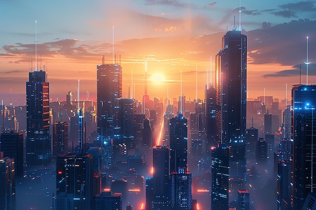 Creëer een futuristisch digitaal stadsbeeld bij zonsopgang waar generatieve AI