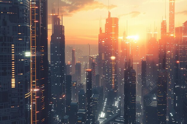 Creëer een futuristisch digitaal stadsbeeld bij zonsopgang waar generatieve AI