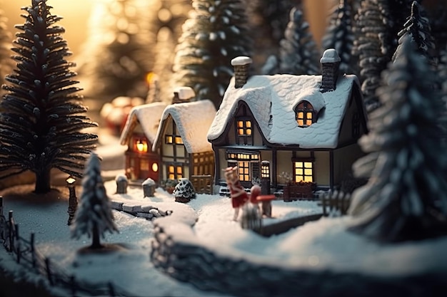 Creëer een magisch kersttafereel met een sneeuwlandschap en feestelijke decoraties