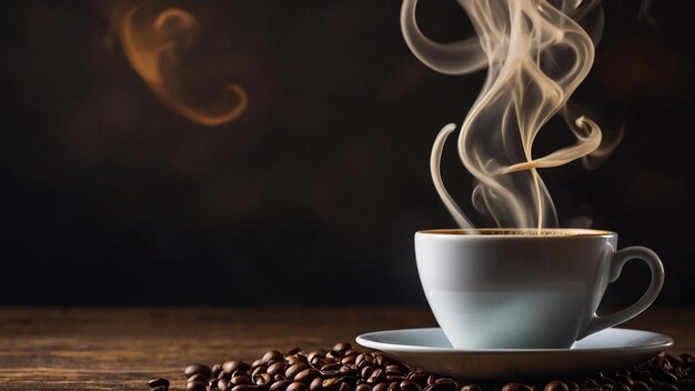 Creëer een opvallende visual waar een kop koffie in de lucht zweeft vergezeld van wervelende ranken van