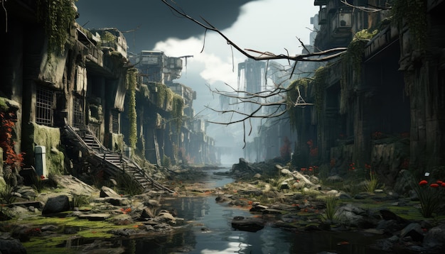 Creëer een post-apocalyptische omgeving met afbrokkelende ruïnes en overwoekerde vegetatie om te overleven