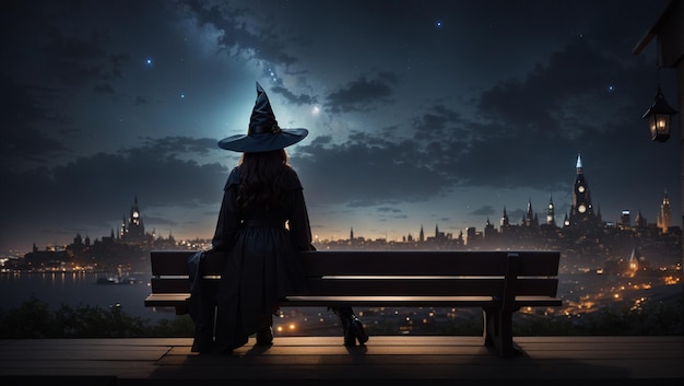 creëer een realistisch beeld van het silhouet van een heks die op een houten bank zit
