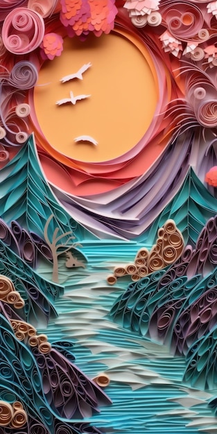 Creëer een surrealistisch 3D-papierquilling schilderij van een tumultueuze cascade rivier bij zonsondergang in de Alpen