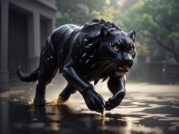Creëer een verbluffend beeld van een zwarte panter die in de regen loopt
