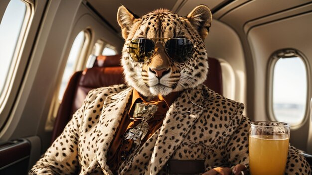 Creëer een verhaal over een slanke cheetah die een zonnebril draagt en eersteklas vliegt in een vliegtuig.