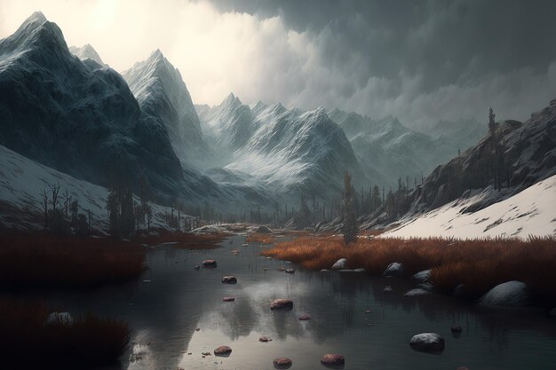 Creeks under an overcast sky surrounded by tall mountains coated with snow
