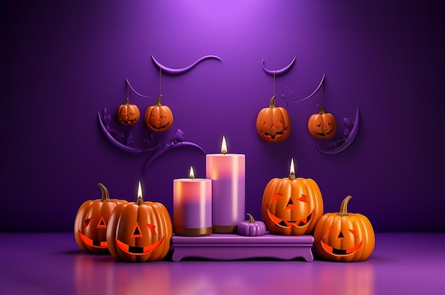 Creepy 3D backdrop for Halloween with a jack o' lantern on a dark pedestal and candles Ai generated