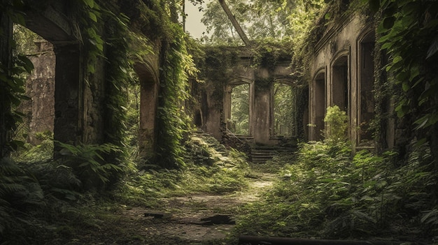 A creepy abandoned building with a green plant growing out of it.