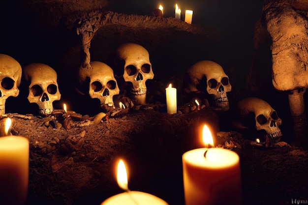 Creepy ancient cave with burning candles and skulls. An old abandoned grotto with bones.