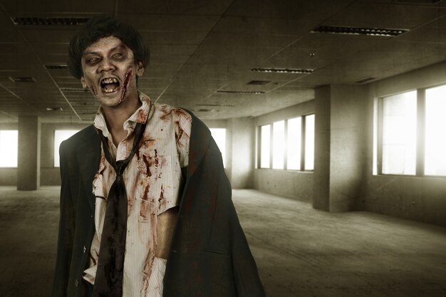 Creepy asian zombies man with blood