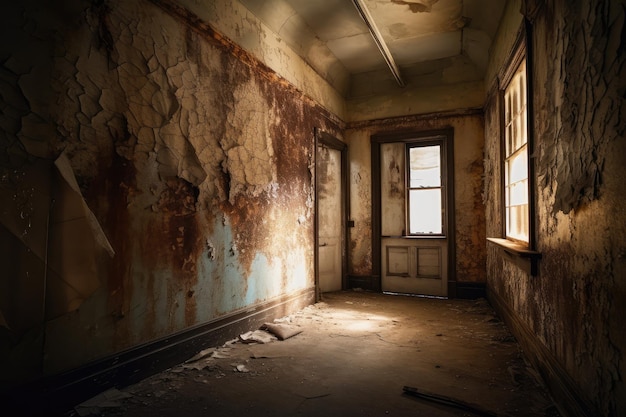 Creepy asylum with cracked walls and peeling paint