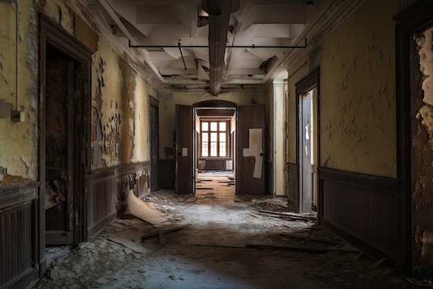 Creepy asylum with cracked walls and peeling paint