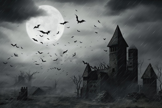 A creepy atmosphere generated in a scary haunted castle with bats Generative AI