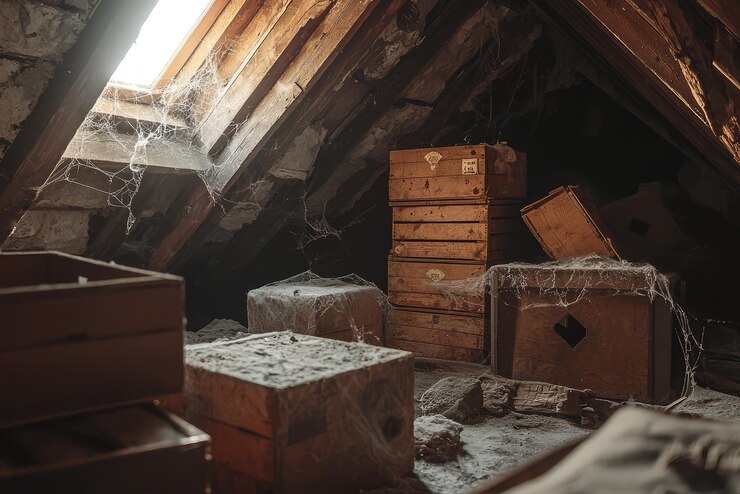 Photo a creepy attic with dusty boxes cobwebs and sense of mystery
