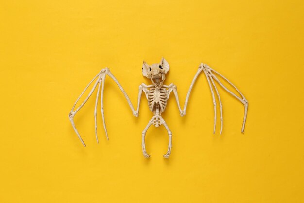 Creepy bat skeleton on yellow background Halloween layout