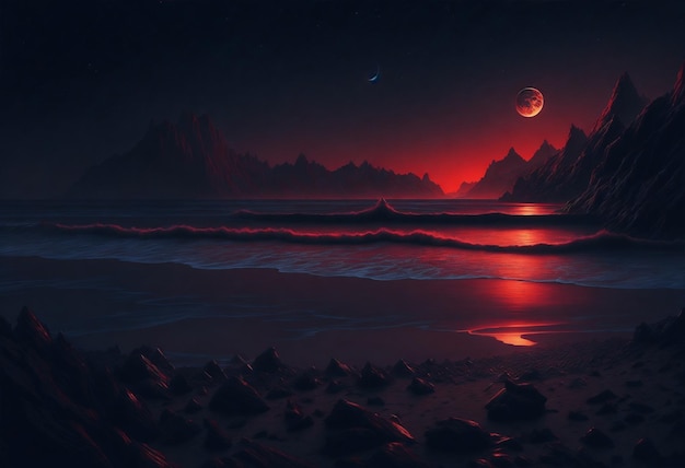 A creepy beach at night illuminated by a red moon with the dark sea