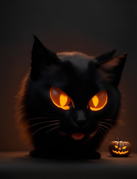 creepy black cat and halloween pumpkin in a dark place