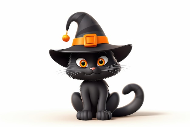 흰색 배경 할로윈 개념에 호박 모자 3d 만화 캐릭터를 가진 소름 끼치는 검은 고양이