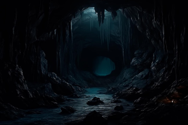 Creepy black cave in the middle of the forest Eerie atmosphere inside the dark cave Beams of light