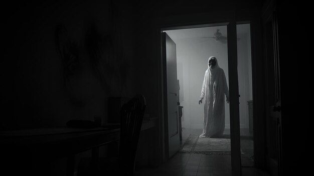 Creepy Black And White Portrait Of A Ghost In Dark Room