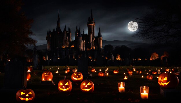 Creepy Cemetery at Twilight Illuminated Castle