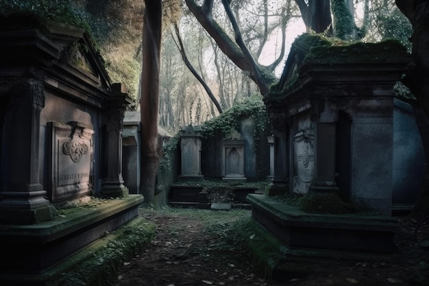 Creepy cemetery with abandoned crypts and caskets