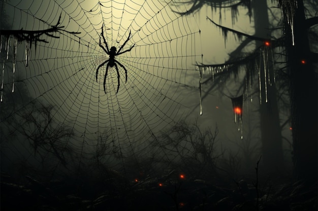 Creepy charm Grunge spider web adds a spooky touch to foggy setting