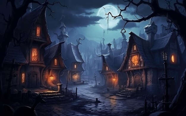 Creepy Charm Old Village Enshrouded in Autumn Mist Generative AI