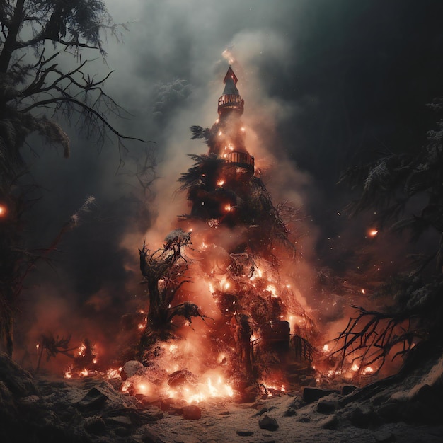 Creepy christmas tree in the snow with a lot of fire