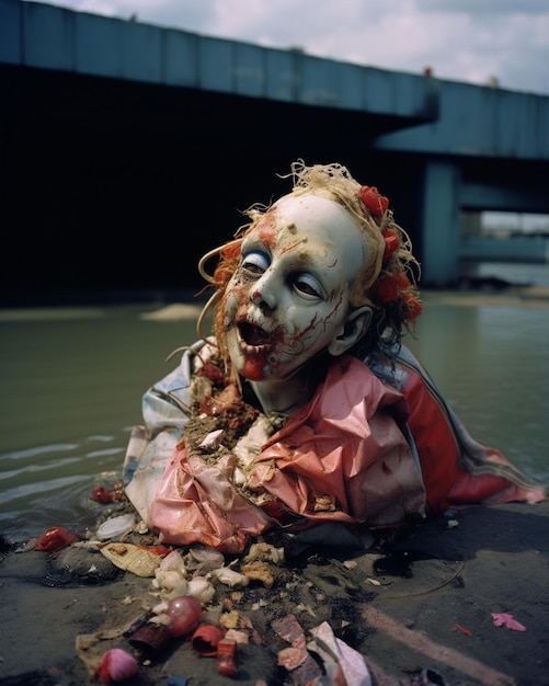 a creepy clown is on the river bank.