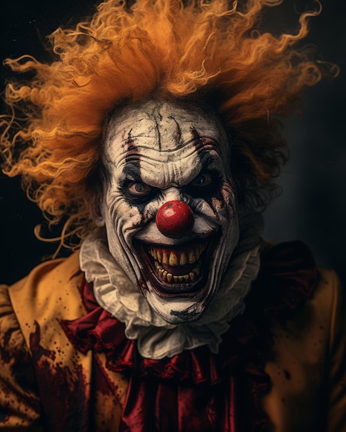 a creepy clown with red hair and blood on his face