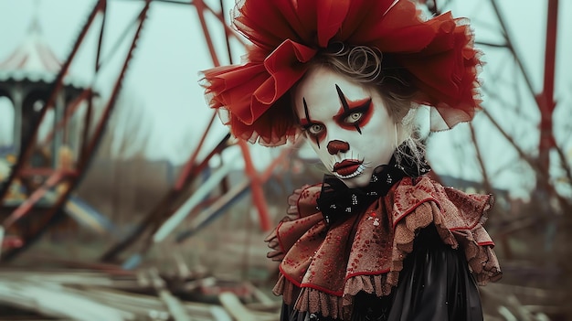 Photo a creepy clown with red hair and a red nose is standing in an abandoned amusement park