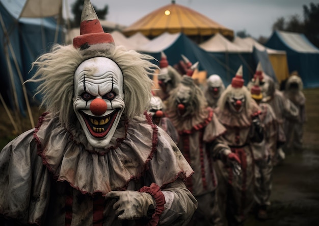 Creepy clowns lurking around a haunted carnival