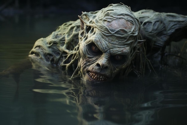 a creepy creature is reflected in the water.