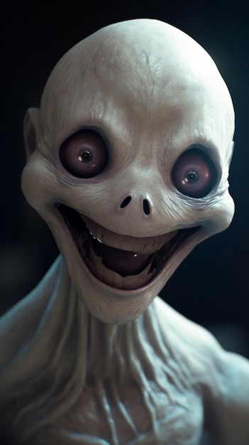 A creepy creature with big eyes and big eyes is smiling.