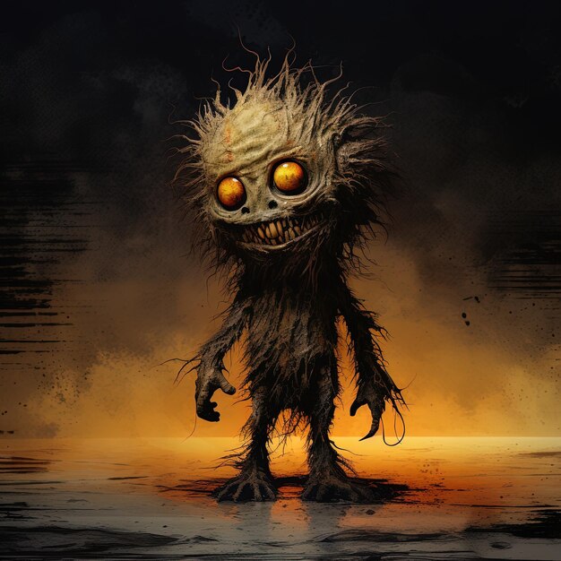 a creepy creature with yellow eyes and orange eyes is shown in this image