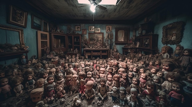 Creepy doll house with a lot of dolls