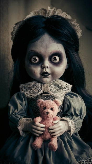 a creepy doll with a creepy face holds a teddy bear